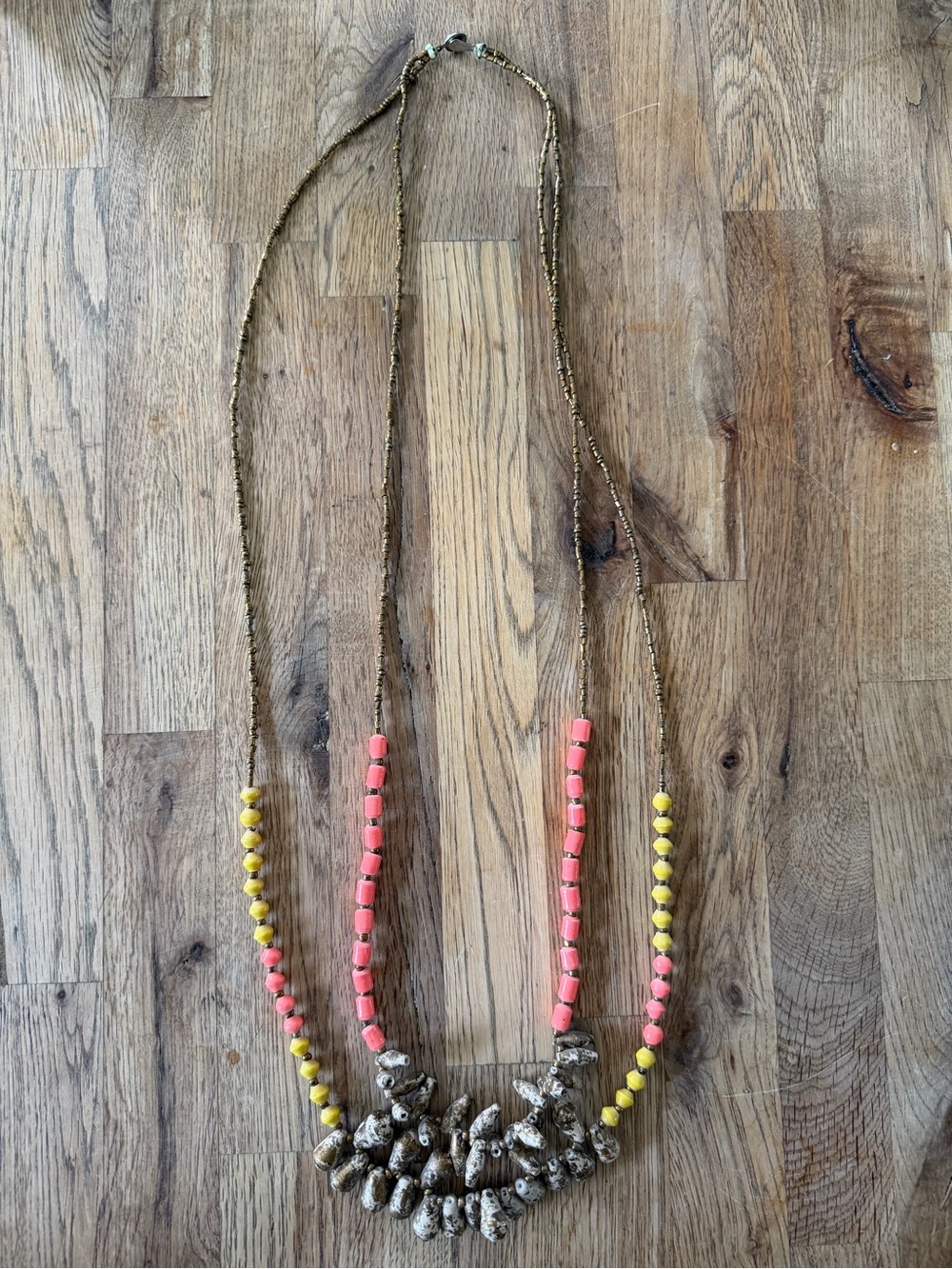 31 Bits Coral Pink & Sunny Yellow Beaded Statement Necklace with Gold Accent